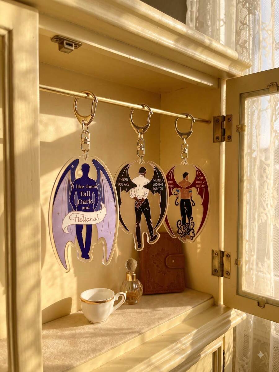 1pc/3pcs Bookish FantasyRomance RhysandAesthetic AcrylicKeychains, Popular Fantasy Romance Novel Bat Wings And Quote Art Series Powerful Quote Alien Pattern Pendant, Backpack And Car Key Accessory, ACOTAR Book Fan, Fantasy Novel Enthusiast And Fan Gift - Multicolor - View 1