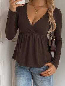 SCARLUX Autumn/Winter Y2K Women's Brown V-Neck Long Sleeve Knit Top, Suitable For Back To School, Street, Commute And Home Comfort Wear - Brown - View 7
