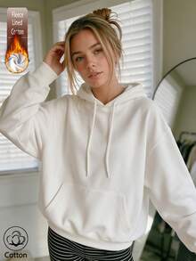 Women's Casual Hooded Sweatshirt With Drawstring, Fleece Lined Drop Shoulder Pullover, Regular Length Warm Sweatshirt With Tropical Print - White - View 2