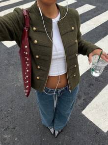 Fashion Green Winteroutfits Knitted Cardigan, Women's, Long Sleeve Military Style, Gold Buttons, Casual Fashion Jacket, Suitable For Autumn/Winter Wear - Army Green - View 5