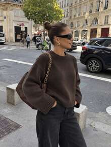 Women's Round Neck Dropped Shoulder Knit Sweater, Loose Fit Solid Color Basic Pullover Top, Vintage Style, Suitable For Commuting - Coffee Brown - View 8
