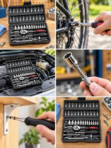 46-Piece Car Repair Tool Set, 1/4-Inch Drive Socket Ratchet Wrench Set, Combination Tool Set, Bicycle Car Repair Tools, Compact Design For Everyday Vehicle Organization, Maintenance- Ideal Gift And New Year Gift (Some Parts Color Random) - Multicolor - View 2