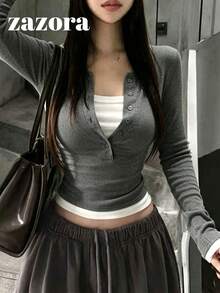 韓系秋季新款修身性感半鈕扣 2 合 1 修身百搭長袖女款 T-Shirt 上衣 - 深灰色 - 查看 6