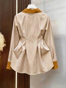Striped Colorblock Collar Shirt, Cinched Waist Gold Button Top, Elegant Commuter Outfit For Spring And Autumn - Multicolor - View 4
