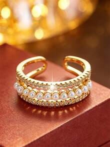 1pc French Vintage 3-Layer Elegant Classic Design Open Ring, Luxury Fashion Exquisite Women's Adjustable Finger Ring, Delicate Design Sense Women's Accessory, Versatile For Daily Wear And Party - Open Ring - View 3