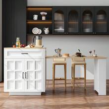 Extendable Bar Table With Storage (133-202 * 70 * 93.5), With Two Drawers And Four Compartments, Expandable Kitchen Island Table 2-6 People, Kitchen Dining Cart With Side Shelves, White. - White + MDF - View 4