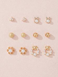 6 Pairs Women's Stud Earrings, Delicate Fashion Rabbit Heart Flower Pattern Combination Earrings, Suitable For Daily Wear, Beach, Vacation, Jewelry Gift For Friends - Yellow Gold - View 8