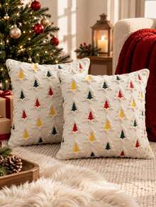 Cream White 3D Knitted Christmas Pillow Cover, Soft Decorative Cushion Cover With Christmas Tree Pattern, Rustic-Style Holiday Pillow Cover, Perfect For Sofa And Bedroom Home Decor, Suitable For Everyday Use, Parties, And Christmas. - Colorful - View 2