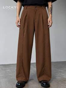 Men's Wide Leg Dress Pants, Brown High Waist Pleated, Draped Fabric, Business Casual - Brown - View 8