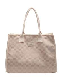 Large Capacity Tote Bag, Checkerboard Embossed Pattern, Minimalist Leather Label Decor, Multi-Compartment Storage Design, Gentle Commuter Style, Handheld Shoulder Bag, Suitable For Work Commute, Student School, Travel Shopping, Daily Versatile Women's Bag - Beige - View 8