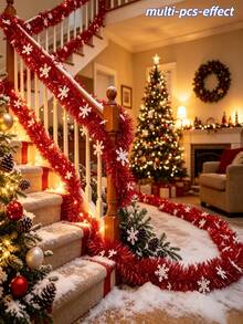 1pc Christmas Red Snowflake Sequin Tassel Decorative Garland With Metallic Foil, Bendable And Shapeable, Suitable For Stair Railings, Christmas Trees And More, Ideal For Thanksgiving, Christmas And Halloween Holiday Decorations - Multicolor - View 5