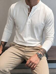 Solid Color Stand Collar Henley Long Sleeve Men's Casual Daily Commute Base Layer Top - White - View 1