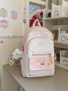 Plaid Polka Dot Embroidered Cartoon Backpack, Large Capacity Multi ...