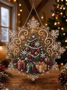 Christmas Pearl Diamond Painting Suncatcher Set 8 Inch, Pre-Assembled Metal Chain, Acrylic Disc With Lace Edge, 3D Mixed Size Pearl Beads, Holiday Window Wall Decor - Set - View 9