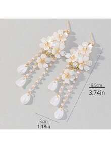 1 Pair White Faux Pearl Camellia Flower Drop-Shaped Long Earrings For Women - Multicolor - View 5