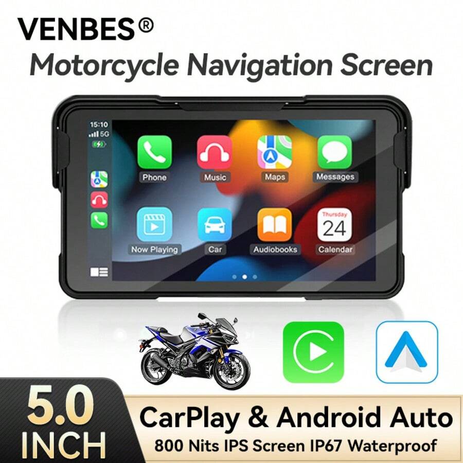 VENBES 5 Inch Waterproof Motorcycle PND Touch Screen, Quick Detachable Wireless CarPlay & Android Auto Motorcycle Display, Bluetooth Media Player