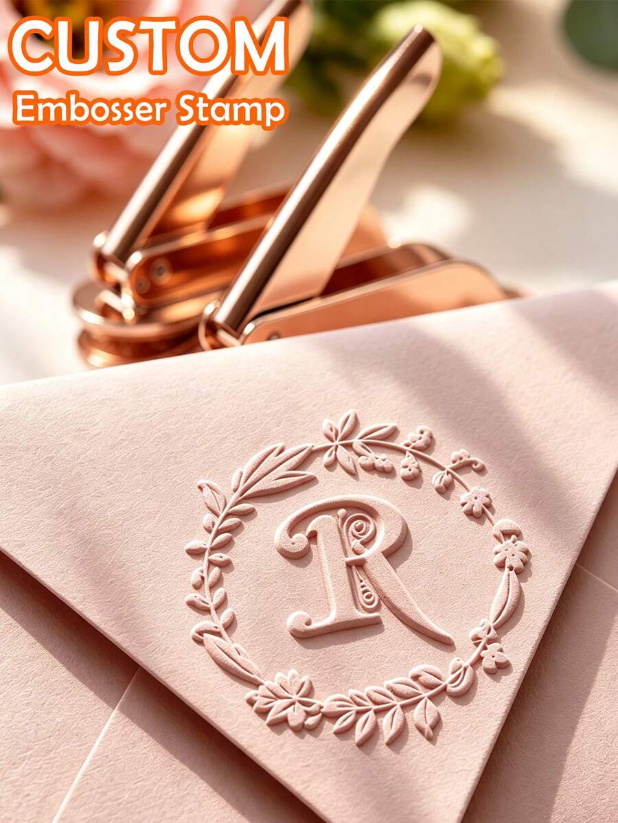 1pc Customized Book Embossing Stamp, Letter Pattern Wedding Embossing Stamp - Customized Wedding Embossing Stamp, Personalized Embossing Stamp, Wedding Envelope Embossing Stamp, Napkin Embossing Stamp - Rose Gold - Rose Gold - View 1