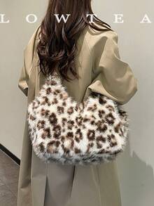 low tea 1pc Crescent Bucket Plush Fabric Shoulder Tote Bag, Suitable For Commuting, Shopping And More - Coffee - View 4