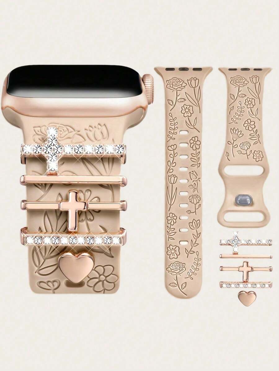 6-In-1 Floral Engraved Watch Band + Metal Charms Decorative Ring Compatible With Apple Watch Band 40mm 41mm 42mm 38mm 44mm 45mm 46mm 49mm, Boho Soft Silicone Sports Rose Flower Watch Band With Diamond Rhinestone Pendant Ring Compatible With Apple Watch 12 11 10 9 8 7 6 5 4 3 2 1 For Women