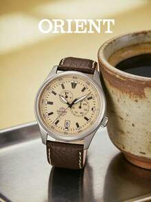 Men's ORIENT Automatic Mechanical Watch Dark Brown Grained Leather Strap Cream Beige Multi-Subdial Dial Vintage Watch For Daily Commute Outdoor Trip - Brown - View 2