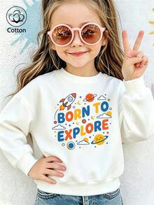 سويت شيرت أطفال أسود بياقة دائرية BORN TO EXPLORE بطبعة كرتونية لصاروخ فضائي وكواكب بأكمام طويلة - أبيض - مشاهدة 10