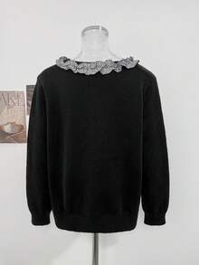 Áo cardigan len nữ phong cách Hàn Quốc, mềm mại, phối patchwork kẻ caro, cổ tròn, gấu bèo nhún, thời trang đa năng cho mùa thu/đông - màu đen - Xem 7