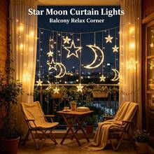 Solar Curtain Lights - Christmas Star And Moon Window Lights, Fairy Lights, 8 Modes - Christmas Decorations, Indoor Windows, Bedrooms, Parties, Weddings, Plug-In LED Curtain Lights, Holiday Decorations - Solar Powered Star and Moon Curtain Lights - View 2