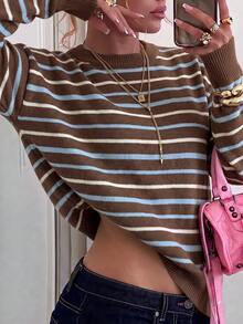 Women's Casual Relaxed Colorblock Striped Pullover Knit Sweater, Ribbed Cuffs Loose Flattering Fit, Versatile Layering Top For Commute, Autumn/Winter, Lazy Vibe - Brown - View 3