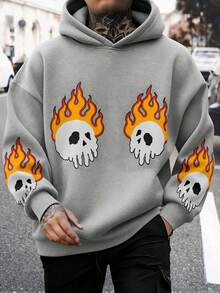 FRACTYR Men's Flame Skull Print Loose Fit Hoodie, Cartoon Pattern Long Sleeve Drawstring Streetwear Sweatshirt - Grey - View 3