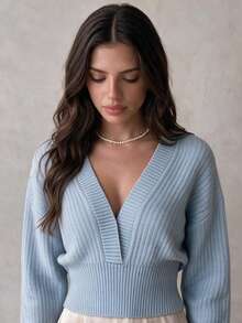 SUNSTORY Women's Autumn Light Blue Deep V-Neck Fitted Short Knit Sweater, Dropped Shoulder Long Sleeve Ribbed Hem, Suitable For Dating, Commuting, Christmas, Daily Outings - Blue - View 2