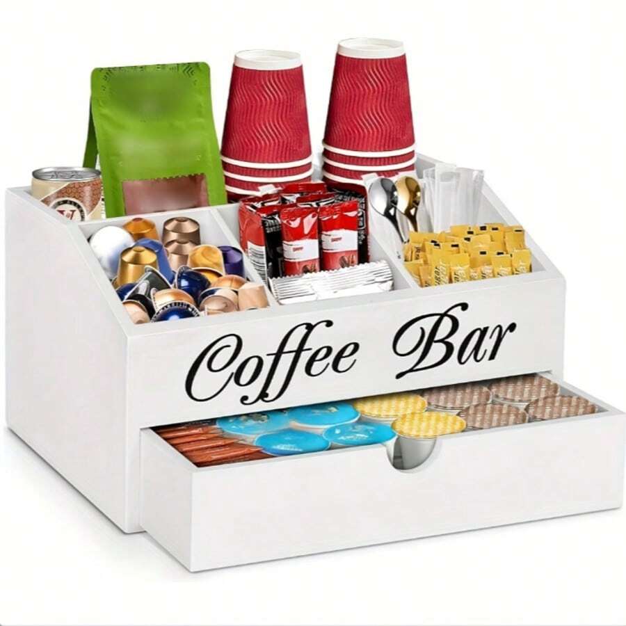 Rustic Farmhouse Coffee Bar Storage Rack With Drawers - Wooden Storage Rack For Storing Cups, Pods And Accessories - Easy To Clean Countertop Solution, Storage Box - White - View 1