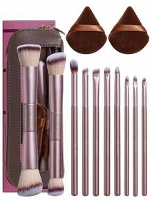 BS-MALL 10pcs Dual-Ended Purple Makeup Brush Set With Pink Triangle Pouch And Puff, Precise Application, Non-Irritating, No Shedding - Mauve Purple - View 1