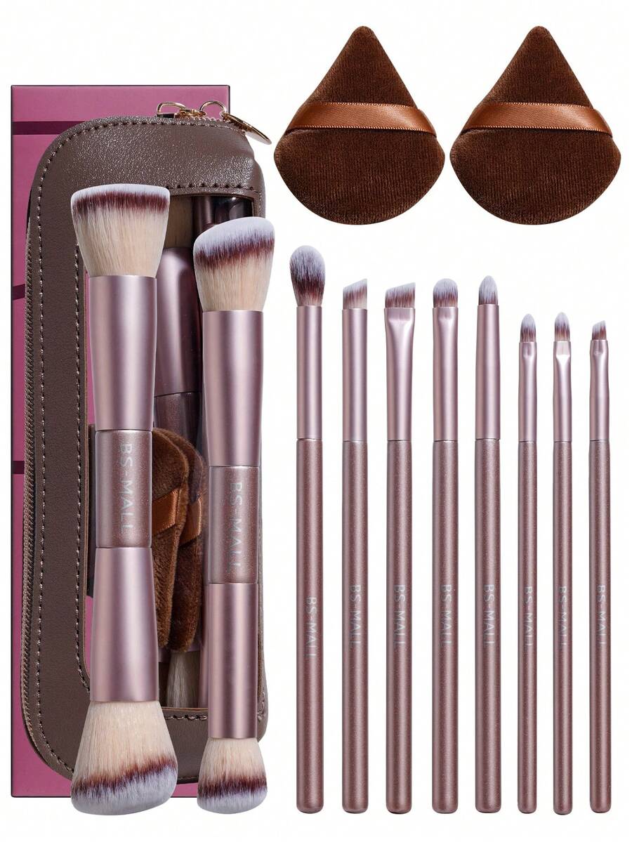 BS-MALL 10pcs Dual-Ended Purple Makeup Brush Set With Pink Triangle Pouch And Puff, Precise Application, Non-Irritating, No Shedding - Mauve Purple - View 1