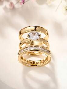 3pcs Elegant Cubic Zirconia Ring Set, Women's Wedding Anniversary Accessory Gift - 1# - View 6