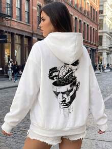 Women's Printed Hooded Long Sleeve Pullover, With Pockets, Suitable For Streetwear And Urban Style, For Autumn/Winter - White - View 1