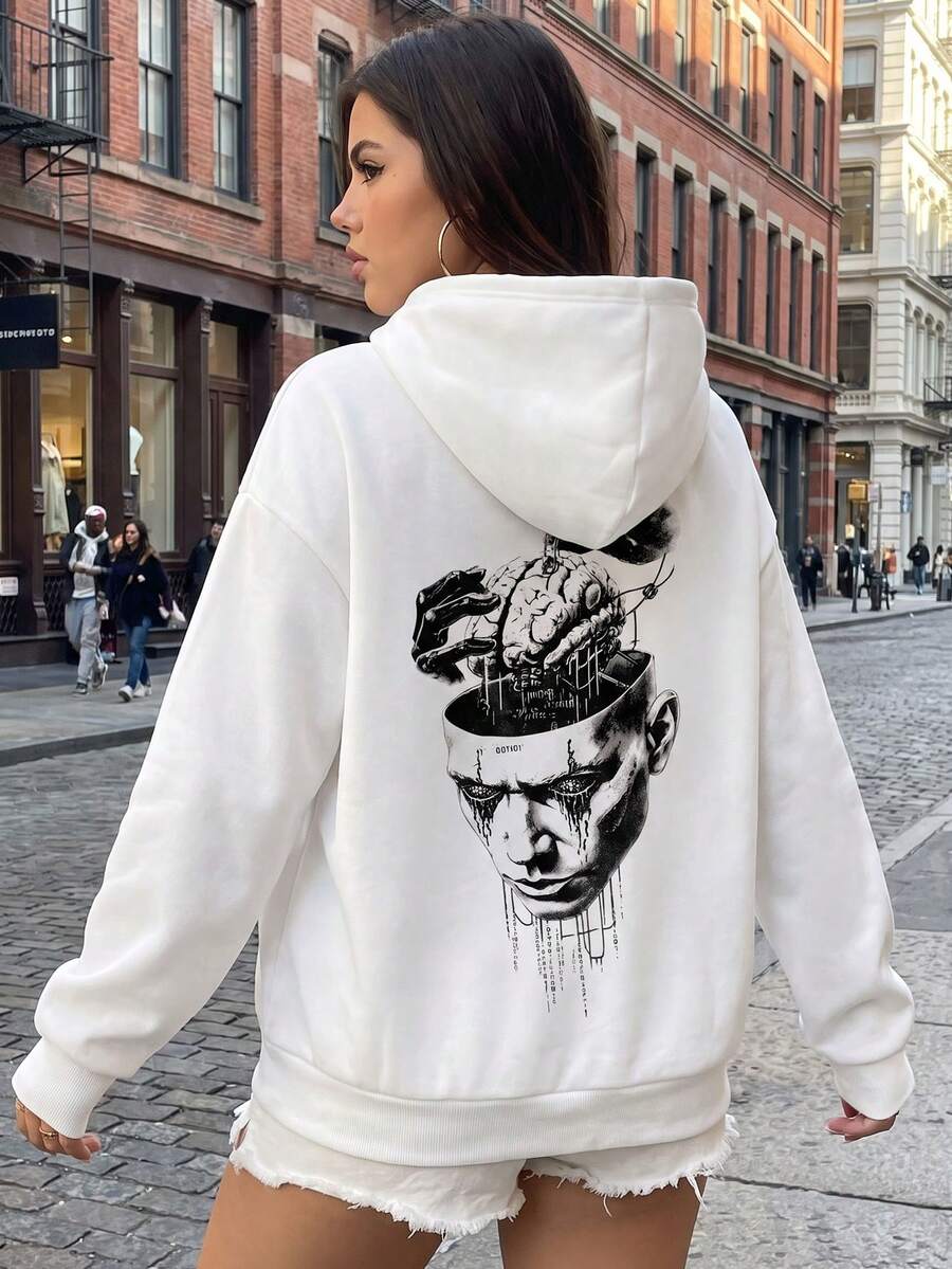 Women's Printed Hooded Long Sleeve Pullover, With Pockets, Suitable For Streetwear And Urban Style, For Autumn/Winter - White - View 1