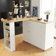 360 °   Swivelling Dining Table (138-209 X 39 X 106) On Castors, Bar Table, White, With Three Drawers And Snack Rack, Multifunctional Storage Island, Suitable Kitchen And Living Room. - White + MDF - View 3