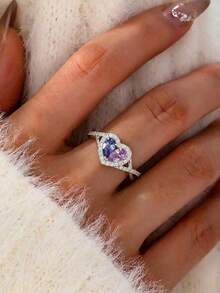 CIREY 1pc Cross-Over Rhinestone Heart-Shaped Blue Purple Ring, Personalized Luxury Finger Ring, Suitable For Halloween, Christmas, Birthday Gifts - Blue Purple Heart Ring - View 10
