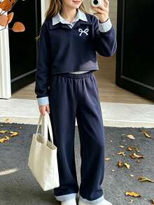 Girls' Autumn/Winter Casual 2 Pieces Set, Navy Blue Patchwork Striped Double Collar Long Sleeve Top + Versatile Long Pants, Suitable For Travel And School Wear - Royal Blue - View 1