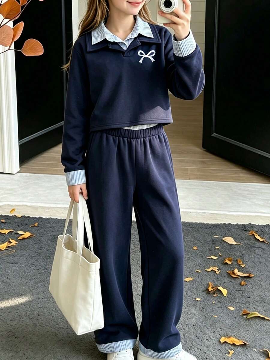 Girls' Autumn/Winter Casual 2 Pieces Set, Navy Blue Patchwork Striped Double Collar Long Sleeve Top + Versatile Long Pants, Suitable For Travel And School Wear - Royal Blue - View 1
