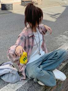 Plaid Random Stripe Lapel Loose Long Sleeve Spring/Summer Long Casual Vintage Women's Shirt - Pink - View 7