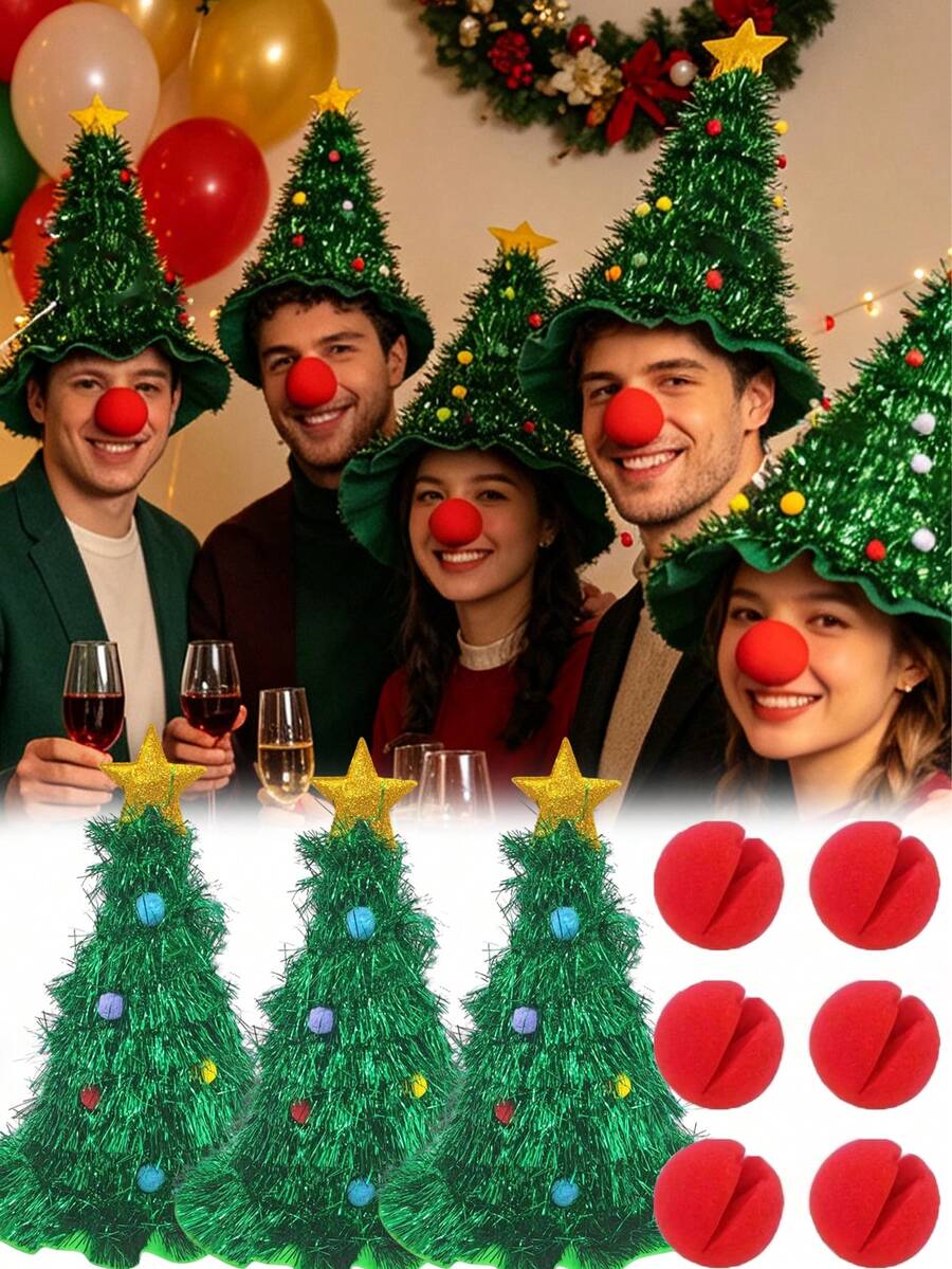 10pcs Creative Christmas Tree Hat & Red Nose Set, Gold Sequin Christmas Tree Hat Set (Includes Christmas Hat And Clown Nose), Suitable For Christmas Decoration, Holiday Costume, Tree Topper Hat, Party Decor, Christmas Gift, Christmas Stocking Filler, Photo Props - Multiple Styles - View 1