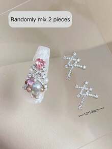 2pcs Christmas Themed Metal Nail Art Accessories, Gold & Silver Color Options, Shiny Rhinestones & Pearl Decor, DIY Christmas Tree Decoration For Gorgeous Holiday Style Nails - Multicolor - View 7