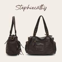 STEPHIECATHY 纯色水洗柔软PU仿皮，拉链封口，多口袋设计，双短肩带，可调节腰带，女士单肩斜挎包，小号，男女通用，复古休闲实用，适合大学生日常通勤 - 咖啡 - 查看 7