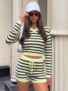 New Spring Autumn Winter Women's Minimalist Striped Color-Block Bee Design Slimming Versatile Retro Fashion Knit Sweater Top And Shorts Set - Yellow - View 1