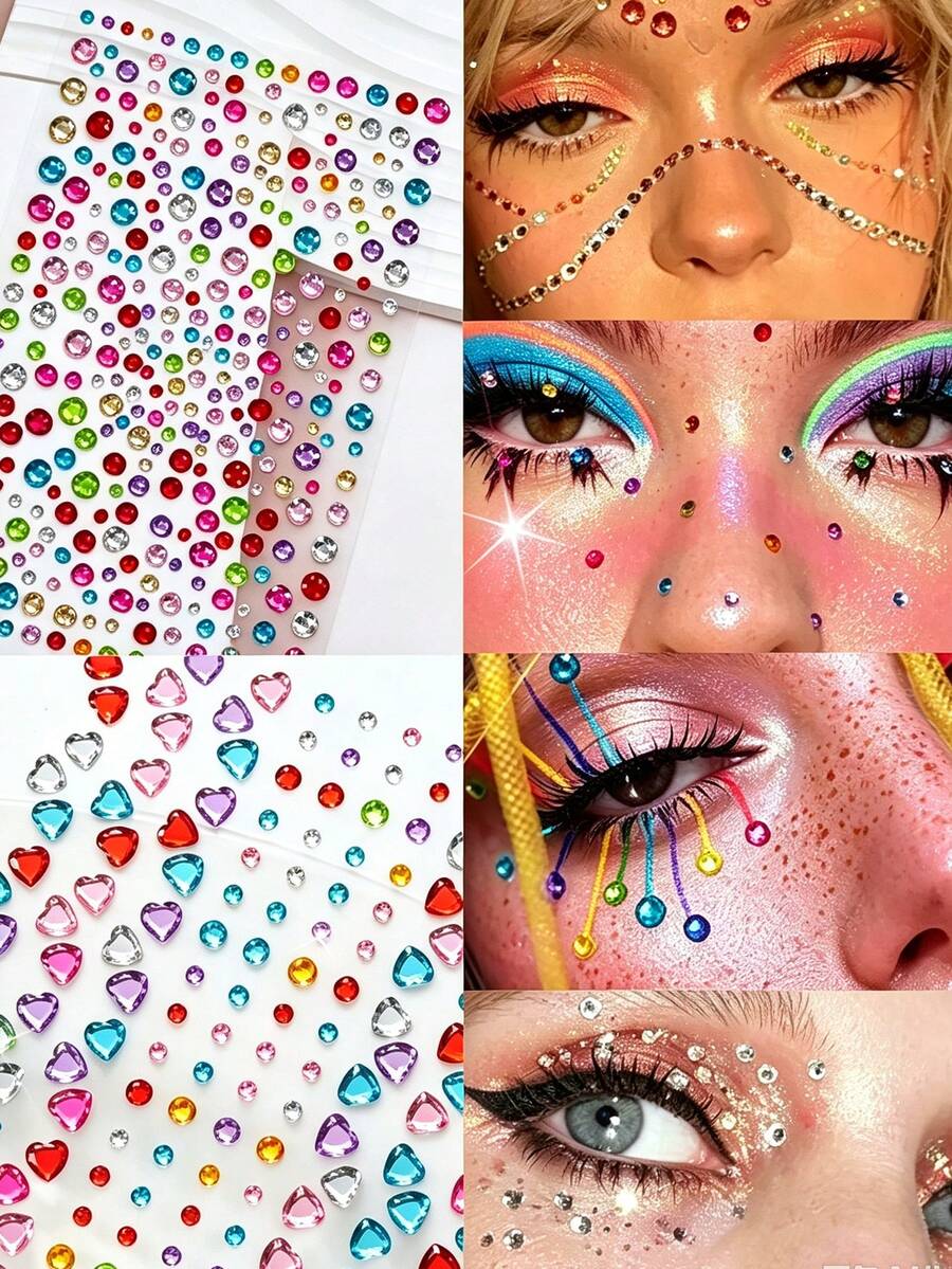 2/1pcs 3D Rainbow Faux Crystal Stickers, 2pcs Y2K Shiny Heart Acrylic Self-Adhesive Gem Stickers, Multi-Color Face Rhinestone Stickers, Suitable For Makeup And Clothing, Perfect For Festivals, Parties And Events