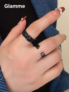 2pcs/Set Dark Style Black Textured Asymmetrical Fashion Rings, Niche Cool Open Stackable Rings - Black - View 5
