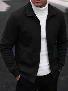 Solid Color Stand Collar Full Zip Jacket Men's Casual Commute Travel Layering Sweatshirt - Black - View 1