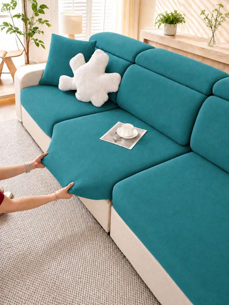 1pc Minimalist Solid Color Milk Silk Stretch Sofa Seat Cushion Cover, Suitable For All Seasons