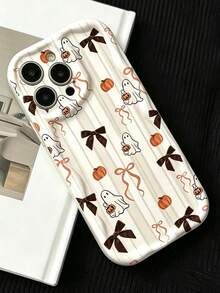 Phone Case - Cute Halloween Ghost Pumpkin Bow Stripe Pattern Shockproof Cream Wavy Edge Phone Case, Compatible With IPhone 11 12 13 14 15 16 17 18 Pro Pro Max - Beige - View 2